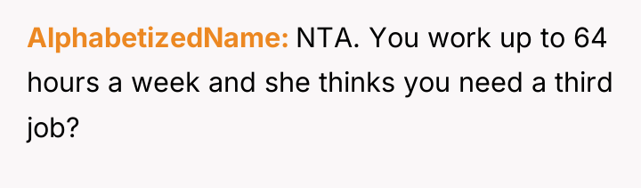 AlphabetizedName NTA. You work up to 64 hours a week...