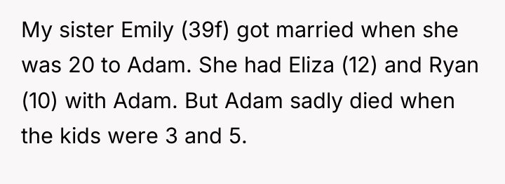 My sister Emily (39f) got married when she was 20...