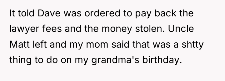 It told Dave was ordered to pay back the lawyer...