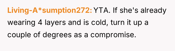 Living-A*sumption272 YTA. If she's already wearing 4 layers and is...