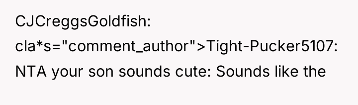 CJCreggsGoldfish cla*s="comment_author">Tight-Pucker5107: NTA your son sounds cute: Sounds like the