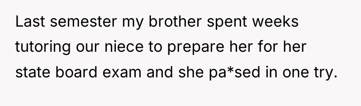 Last semester my brother spent weeks tutoring our niece to...