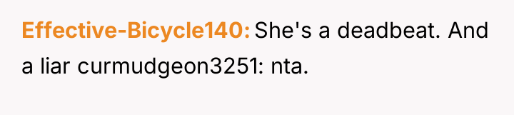 Effective-Bicycle140 She's a deadbeat. And a liar curmudgeon3251: nta.