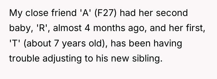 My close friend 'A' (F27) had her second baby, 'R',...
