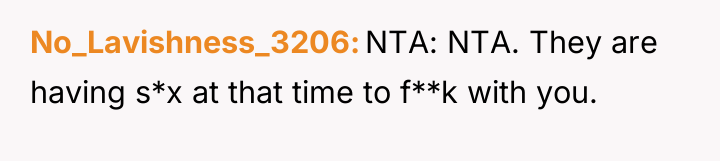 No_Lavishness_3206 NTA: NTA. They are having s*x at that time...