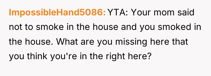 ImpossibleHand5086 YTA: Your mom said not to smoke in the...