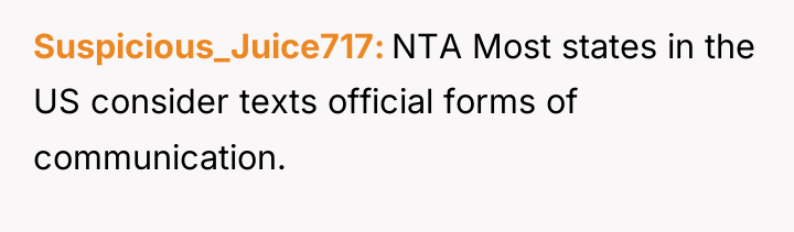 Suspicious_Juice717 NTA Most states in the US consider texts official...