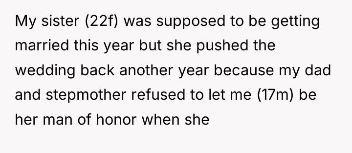 My sister (22f) was supposed to be getting married this...