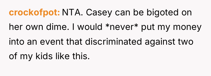 crockofpot NTA. Casey can be bigoted on her own dime....