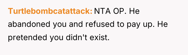Turtlebombcatattack NTA OP. He abandoned you and refused to pay...