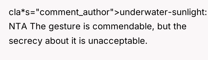 cla*s="comment_author">underwater-sunlight: NTA The gesture is commendable, but the secrecy about...