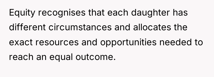 Equity recognises that each daughter has different circumstances and allocates...