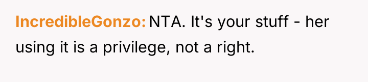 IncredibleGonzo NTA. It's your stuff - her using it is...