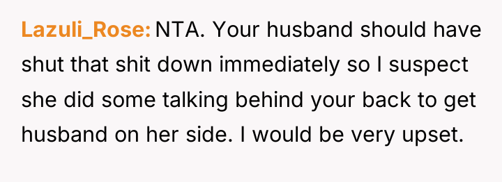 Lazuli_Rose NTA. Your husband should have shut that shit down...