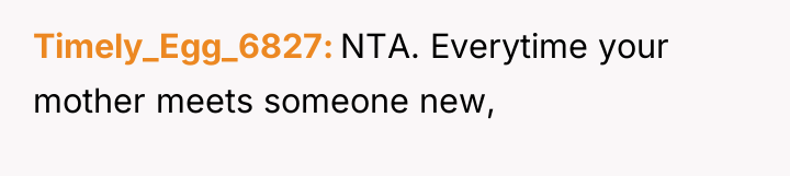 Timely_Egg_6827 NTA. Everytime your mother meets someone new,