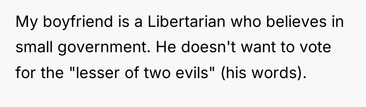 My boyfriend is a Libertarian who believes in small government....