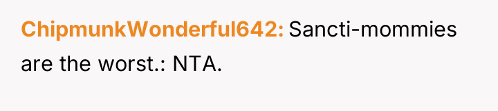 ChipmunkWonderful642 Sancti-mommies are the worst.: NTA.
