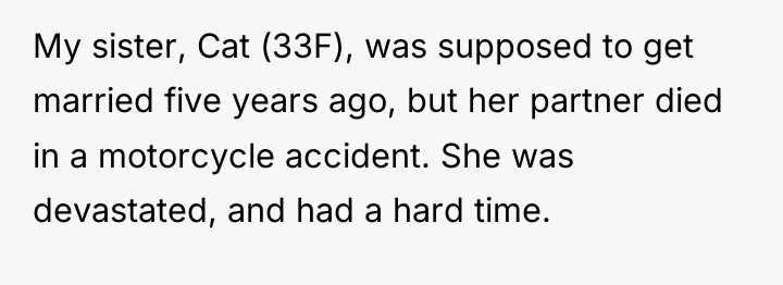 My sister, Cat (33F), was supposed to get married five...