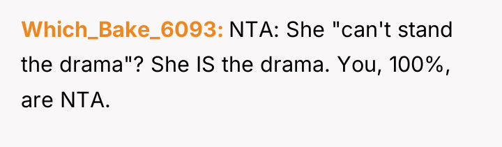 Which_Bake_6093 NTA: She "can't stand the drama"? She IS the...