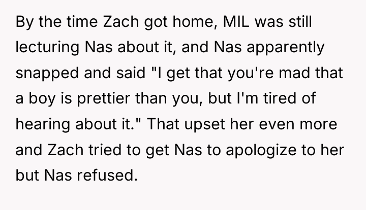By the time Zach got home, MIL was still lecturing...