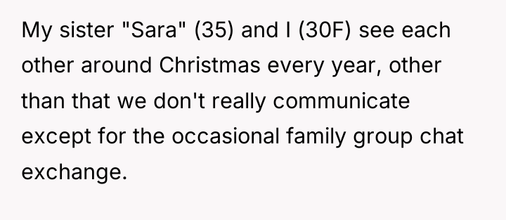 My sister "Sara" (35) and I (30F) see each other...