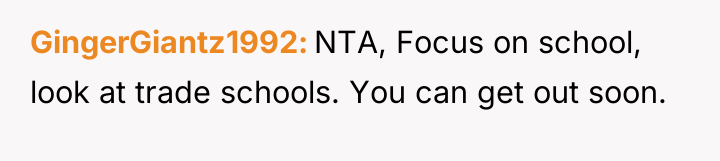 GingerGiantz1992 NTA, Focus on school, look at trade schools. You...