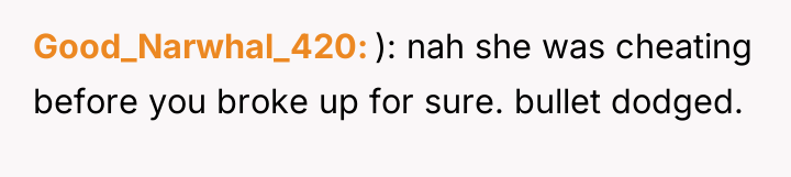 Good_Narwhal_420 ): nah she was cheating before you broke up...