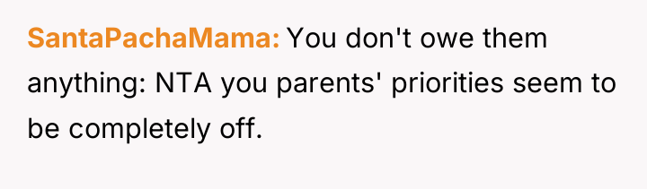 SantaPachaMama You don't owe them anything: NTA you parents' priorities...