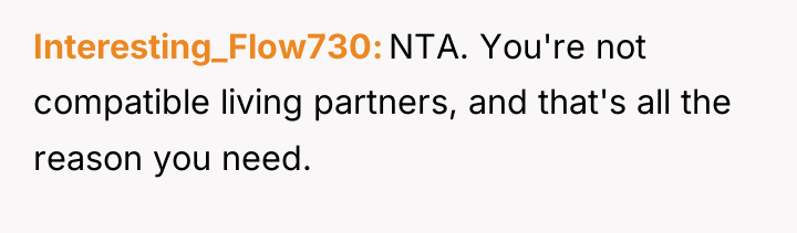 Interesting_Flow730 NTA. You're not compatible living partners, and that's all...