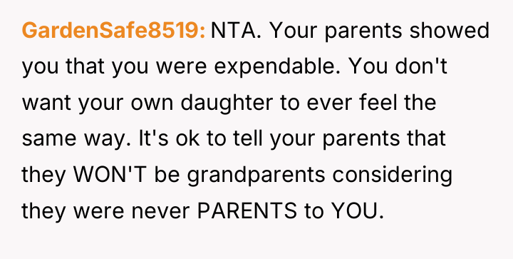 GardenSafe8519 NTA. Your parents showed you that you were expendable....