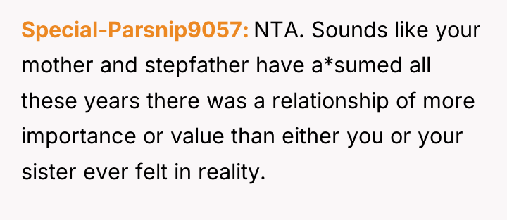 Special-Parsnip9057 NTA. Sounds like your mother and stepfather have a*sumed...