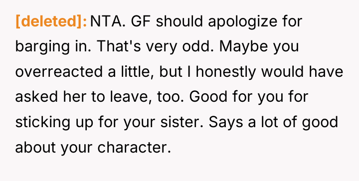 [deleted] NTA. GF should apologize for barging in. That's very...