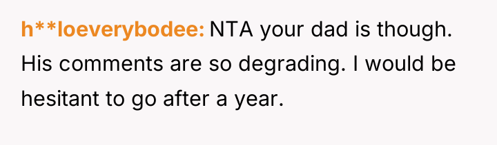 h**loeverybodee NTA your dad is though. His comments are so...