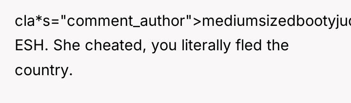 cla*s="comment_author">mediumsizedbootyjudy: ESH. She cheated, you literally fled the country.