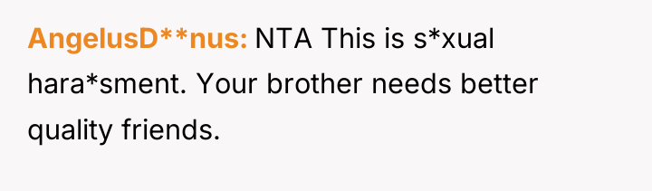 AngelusD**nus NTA This is s*xual hara*sment. Your brother needs better...