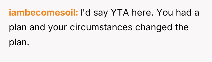 iambecomesoil I'd say YTA here. You had a plan and...