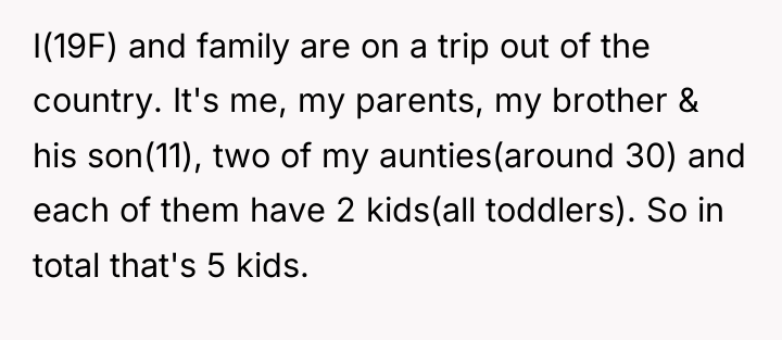 I(19F) and family are on a trip out of the...
