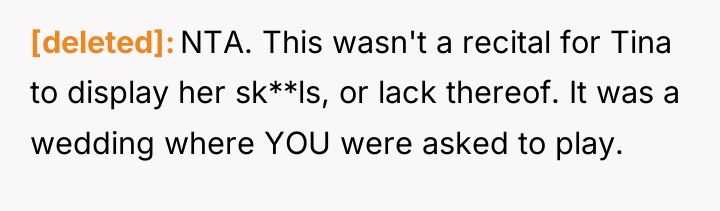 [deleted] NTA. This wasn't a recital for Tina to display...