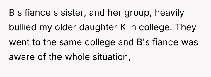 B's fiance's sister, and her group, heavily bullied my older...