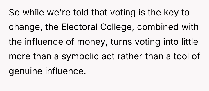 So while we're told that voting is the key to...