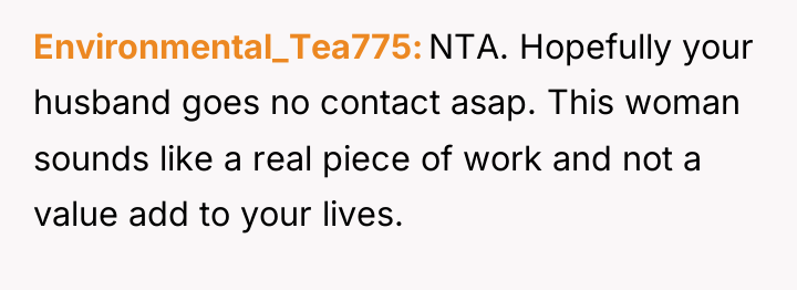 Environmental_Tea775 NTA. Hopefully your husband goes no contact asap. This...