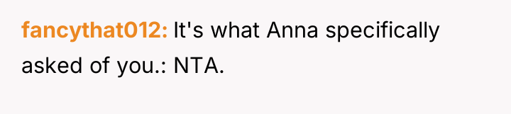 fancythat012 It's what Anna specifically asked of you.: NTA.
