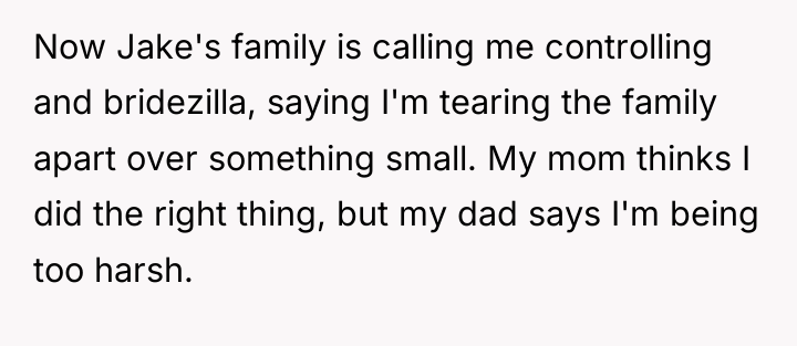 Now Jake's family is calling me controlling and bridezilla, saying...