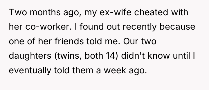 Two months ago, my ex-wife cheated with her co-worker. I...