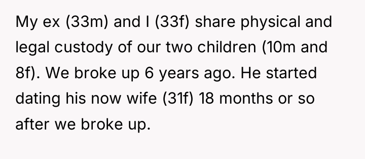 My ex (33m) and I (33f) share physical and legal...