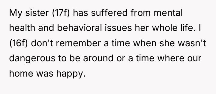 My sister (17f) has suffered from mental health and behavioral...