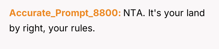 Accurate_Prompt_8800 NTA. It's your land by right, your rules.