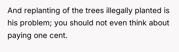 And replanting of the trees illegally planted is his problem;...