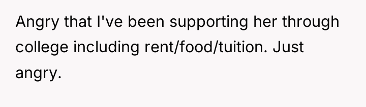 Angry that I've been supporting her through college including rent/food/tuition....