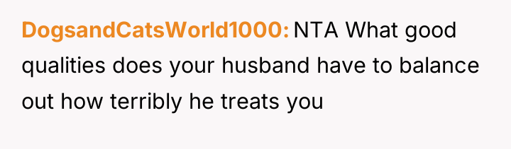 DogsandCatsWorld1000 NTA What good qualities does your husband have to...
